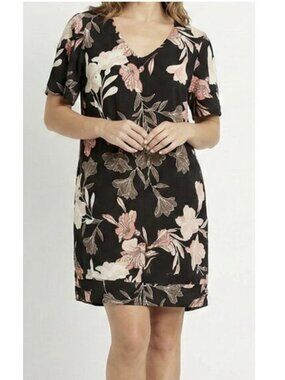 Nicole Miller New Linen Blend Floral Short Sleeve V Neck Dress Size XXL